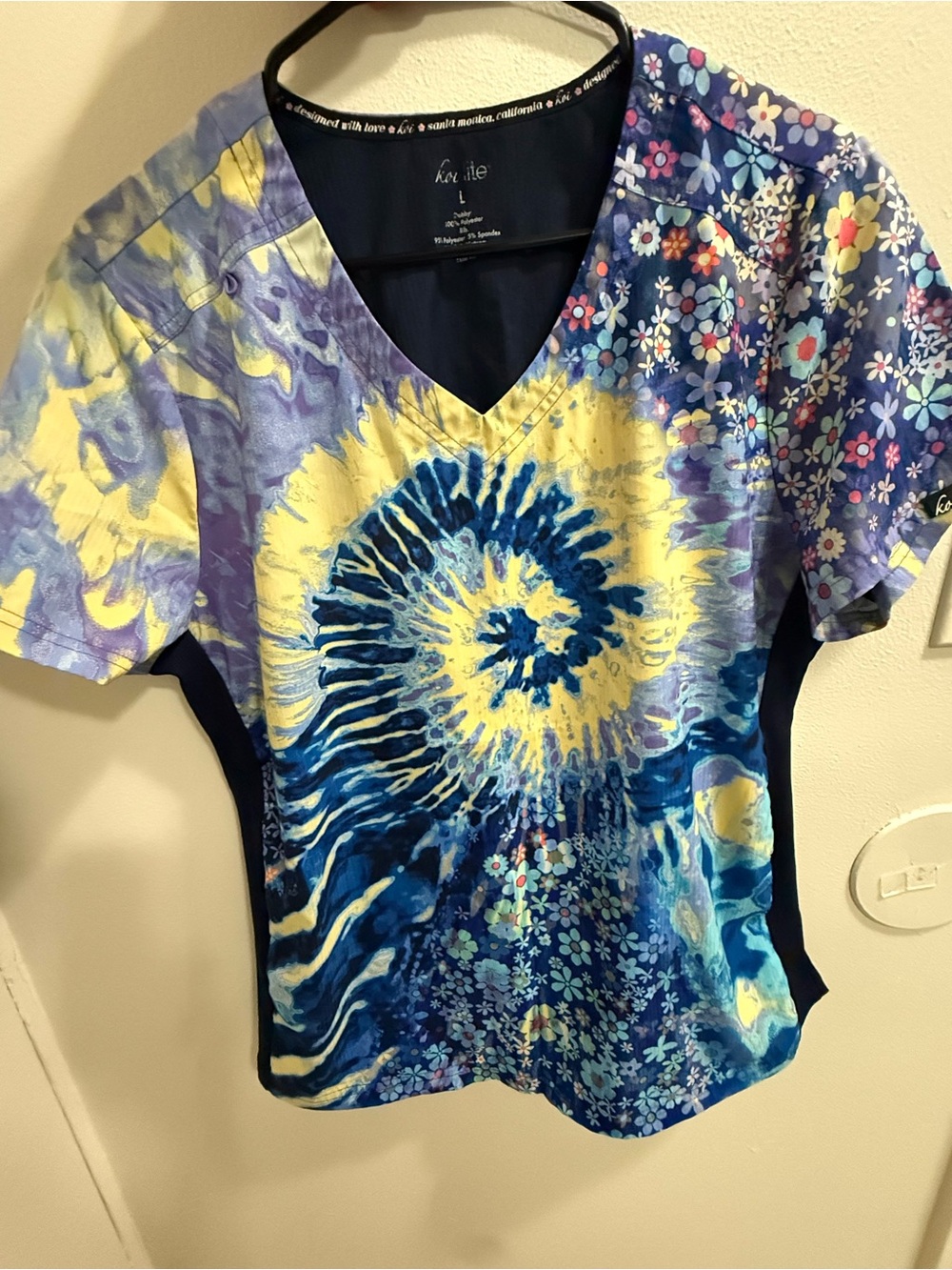 koi Blue and Yellow Tie-Dye Spiral V-Neck Scrub Top